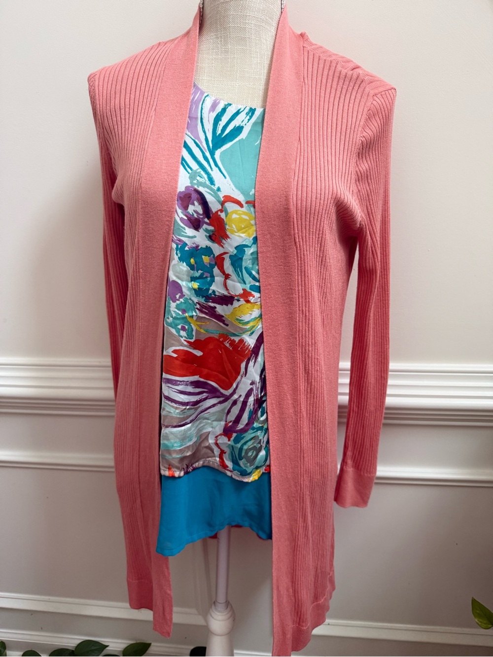 LOFT Coral Pink Open-Front Ribbed Cardigan